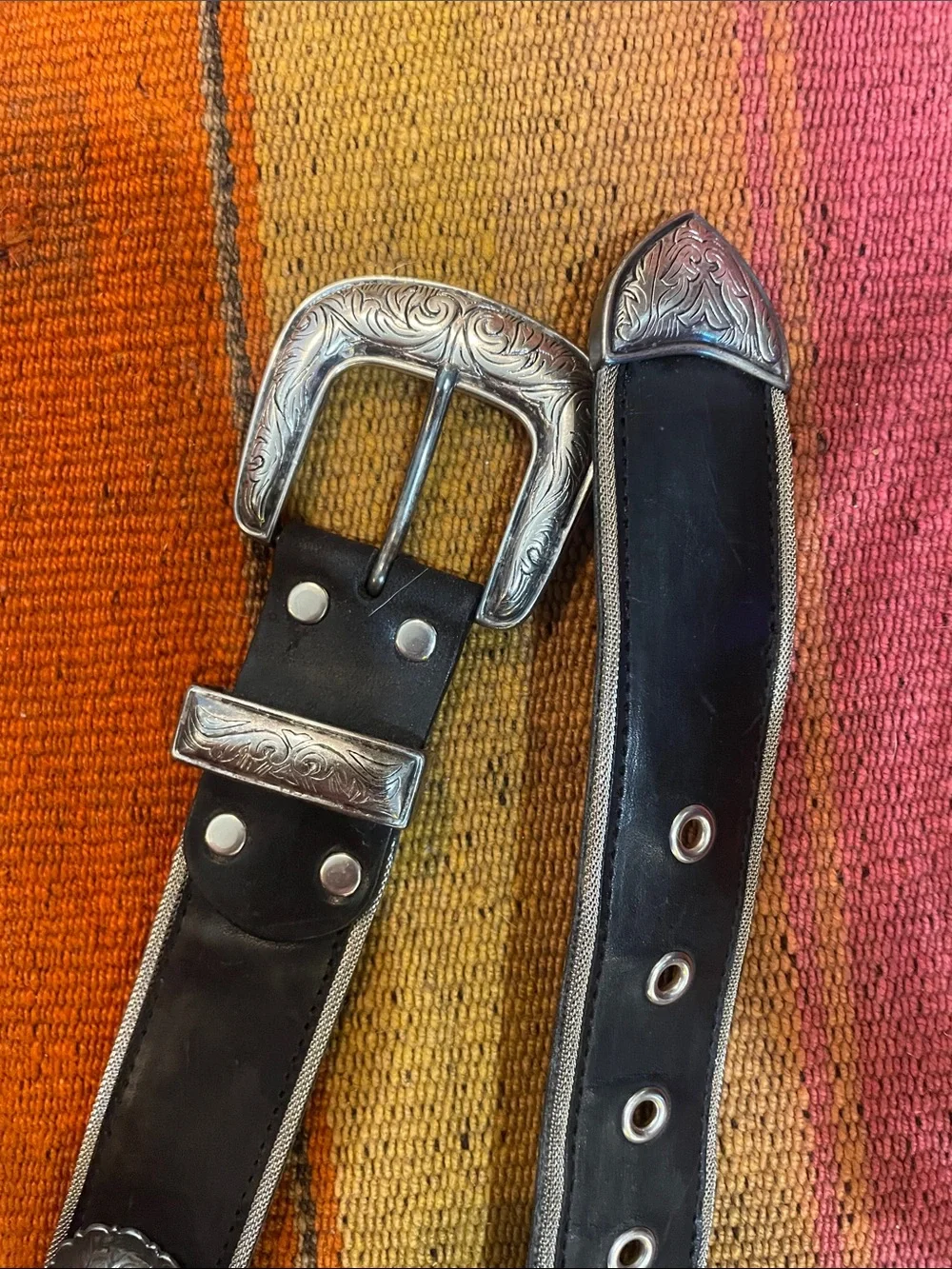 Another Line Black Western Faux Leather Belt with Engraved Pewter Conchos